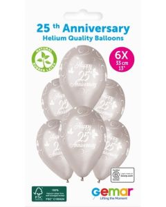 6 Packs of 6 Printed Balloons Happy 25th Anniversary