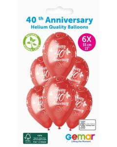 6 Packs of 6 Prined Balloons Happy 40th Anniversary - 346756