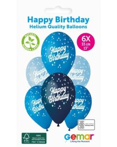 6 Packs of 6 Prined Balloons Happy Birthday blues - 346794