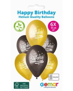 6 Packs of 6 Prined Balloons Happy Birthday Gold/Space Grey - 360004