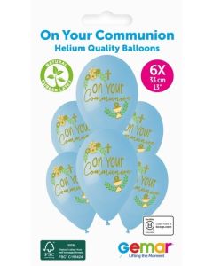 6 Packs of 6 Printed Balloons On Your Communion Blue GS120 / 33cm