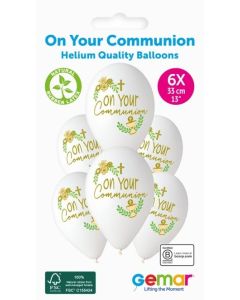 6 Packs of 6 Printed Balloons On Your Communion White GS120 / 33cm