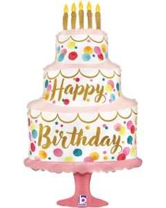 Satin Birthday Pink Cake Foil Balloon Packaged