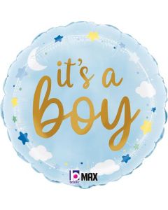 18" It's A Boy Stars & Clouds Foil Balloon Packaged