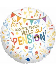 18" Goodbye Tension Hello Pension Foil Balloon Packaged