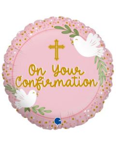 18" On Your Confirmation Pink Foil Balloon Packaged