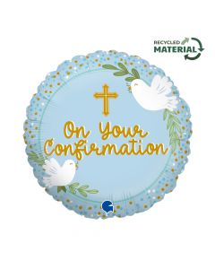 18" On Your Confirmation Blue Foil Balloon Packaged